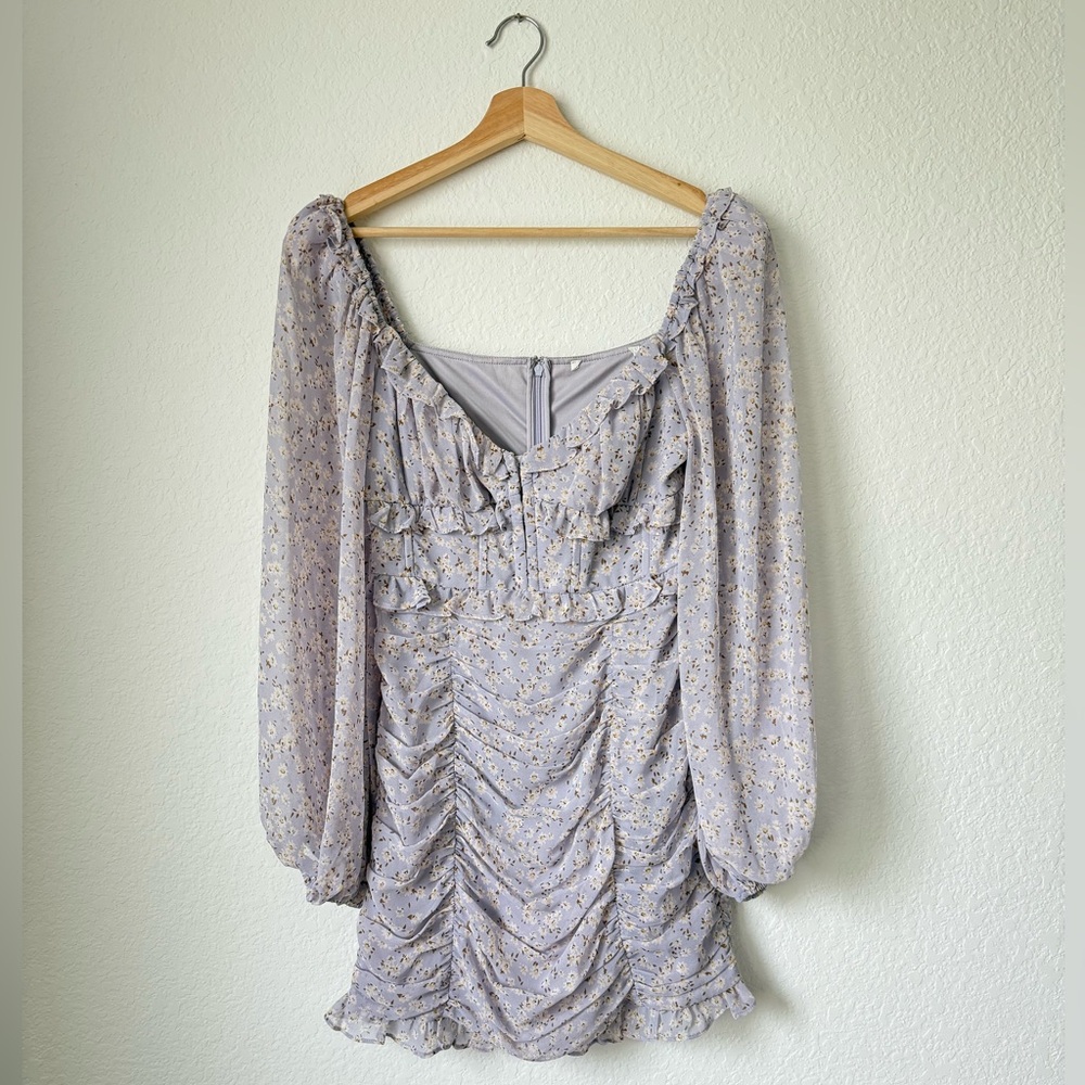 ASTR Ruched Long Sleeve Minidress in Periwinkle Ditsy